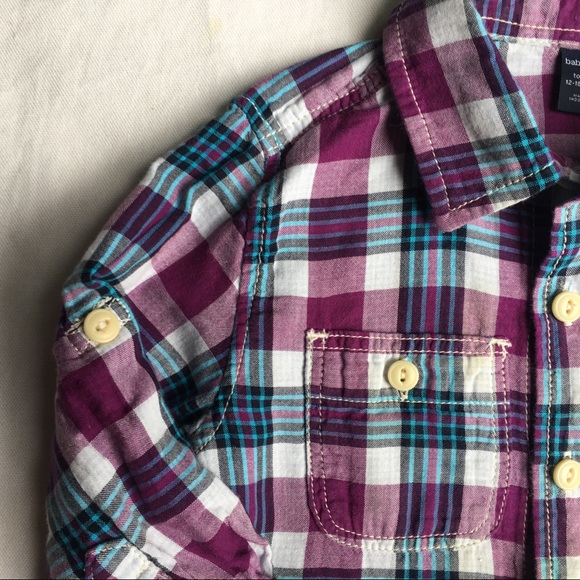 Gap shirt size 12 18 months plaid lined blue purple boys cotton button down - Picture 12 of 16